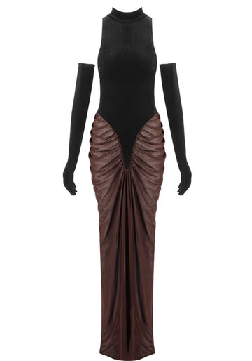 Halter Draped Maxi Velvet Dress Black Brown