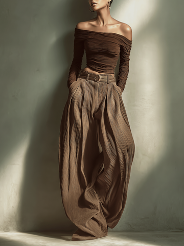 Women's Fashionable And Sexy Dark Brown Off-the-shoulder Long-sleeved Fitted Top Paired With Matching Wide-leg Trousers (belt Not Included) MDA1455K9AN