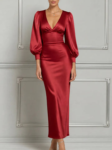 Red Dress Fall Wedding Guest Dress Satin Puff Sleeve Maxi Dress