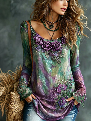 Women's Romantic Floral Art Linen Blend Long Sleeve Tops