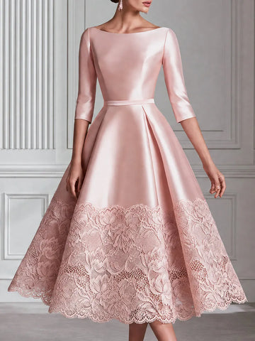 Vintage-Inspired Boat-Neck Lace-Hem Satin A-Line Midi Dress