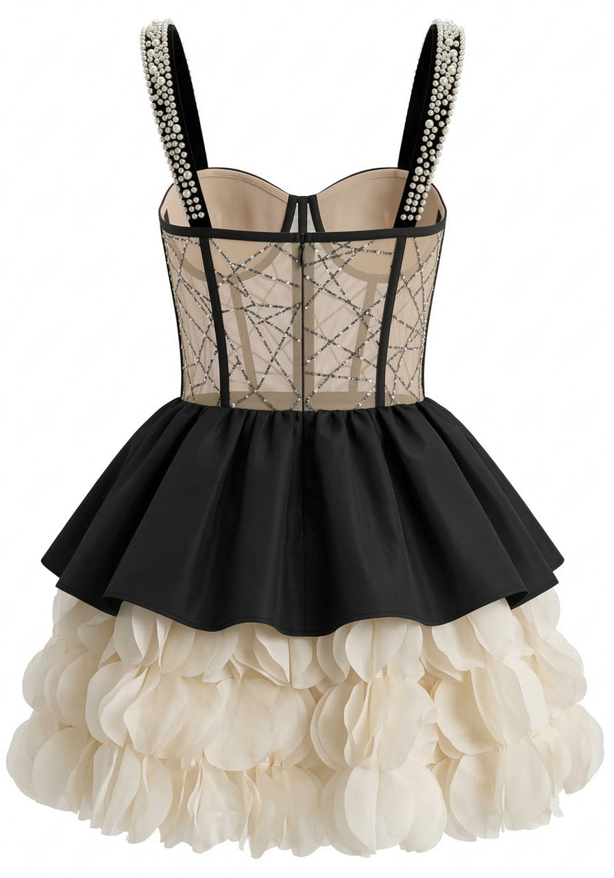 Crystal Bustier Petal A Line Dress Black Ivory