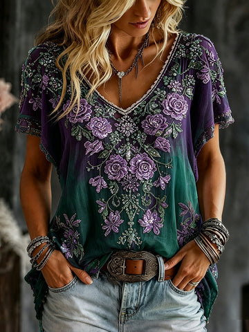 Women's Retro Romantic Rose Embroidery Pattern Casual T-shirt