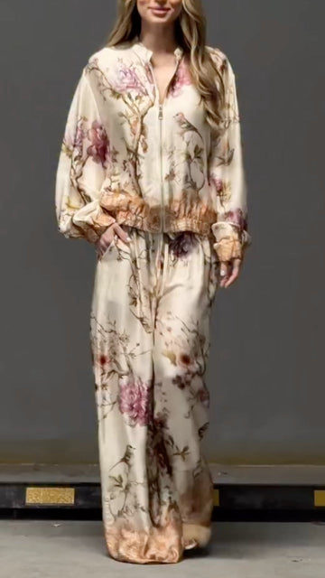 Women's Round-Neck, Cropped, Printed Casual Set