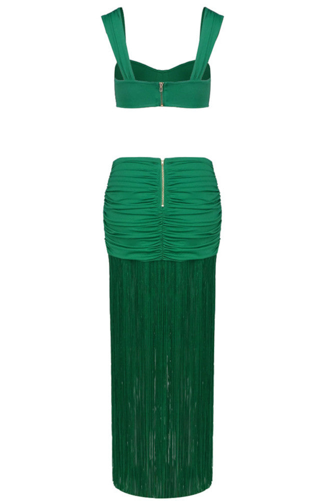 Draped Ruffle Tassel Two Piece Maxi Dress Green