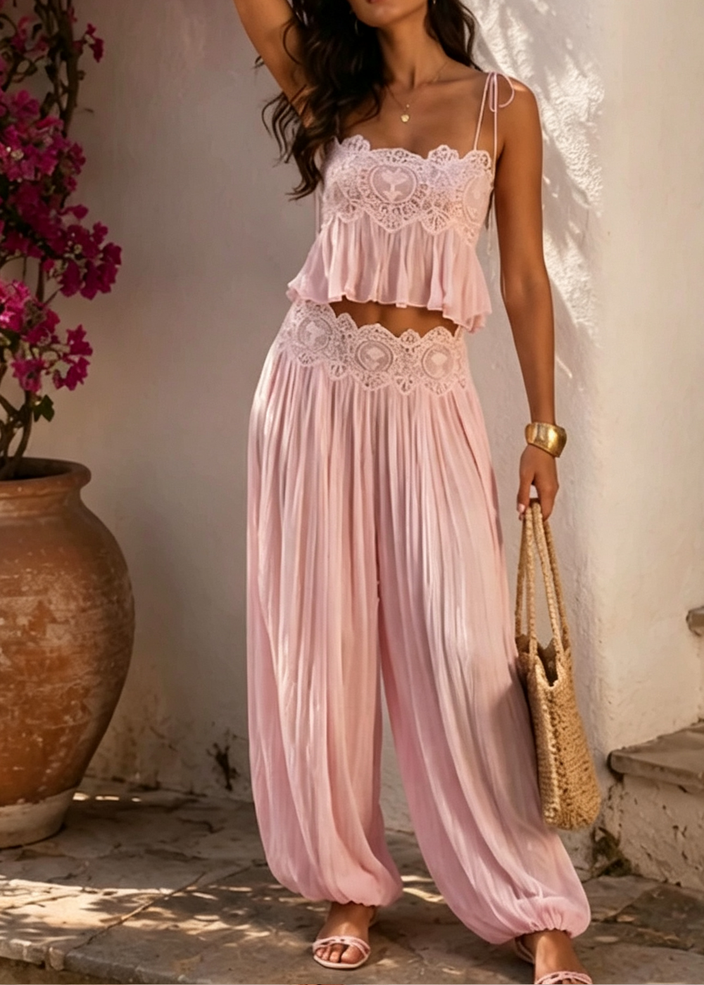 Pink Lace Cami Top Lantern Pant Set