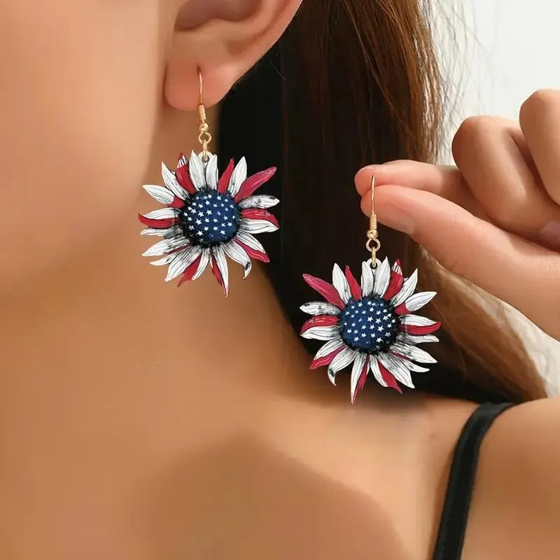 American Independence Day Sunflower Flower Art Earrings