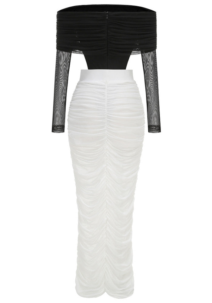 Long Sleeve Draped Bardot Maxi Dress Black White