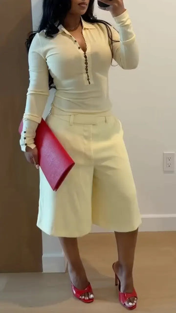 Women's Fitted Button-Up Top & Casual Mid-Length Shorts Set