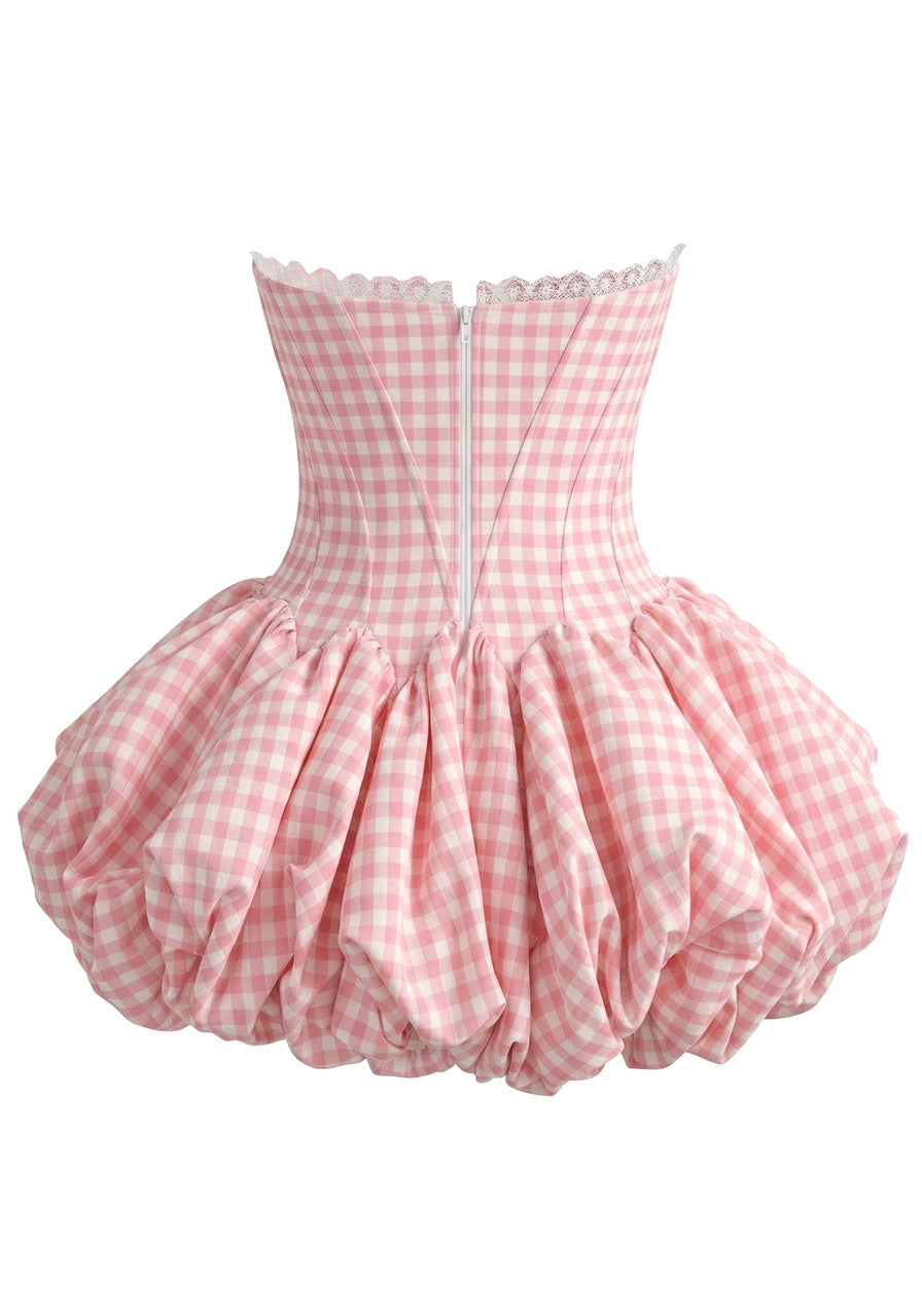 Strapless Lace Gingham Bubble Dress Pink
