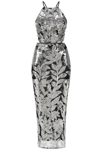 Halter Sequin Floral Maxi Dress Black Silver