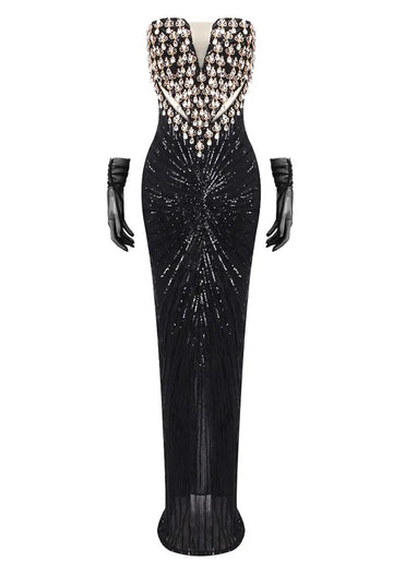 Strapless Crystal Sequin Maxi Dress Black