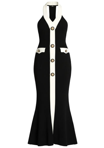 Halter Button Detail Maxi Dress Black White