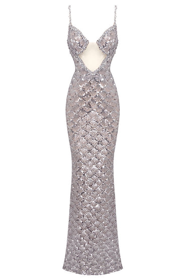 Crystal Bustier Sequin Maxi Dress Silver