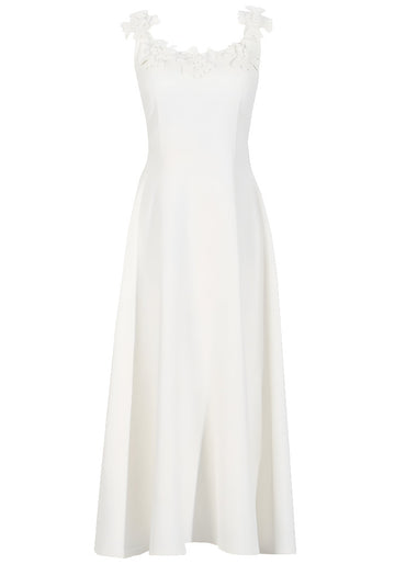 Floral Neckline A Line Midi Dress White