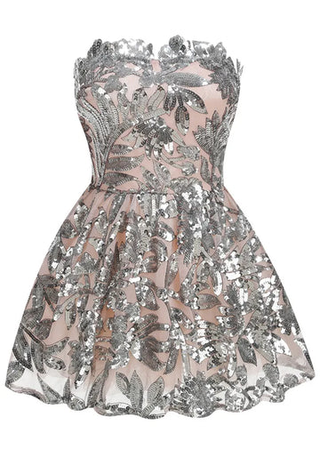 Strapless Floral Sequin A Line Corset Dress Silver