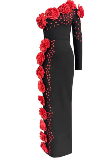 One Sleeve Floral Crystal Maxi Dress Black Red