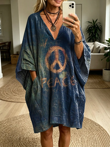 Women's Retro Hippie-Style Peace Art Print Batwing Sleeve Casual Fashion Dress