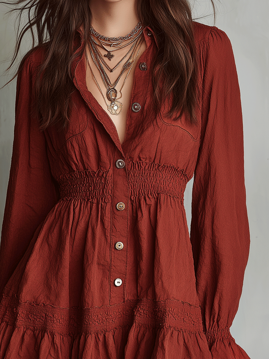 Romantic Boho Rust Red Ruffle Mini Dress