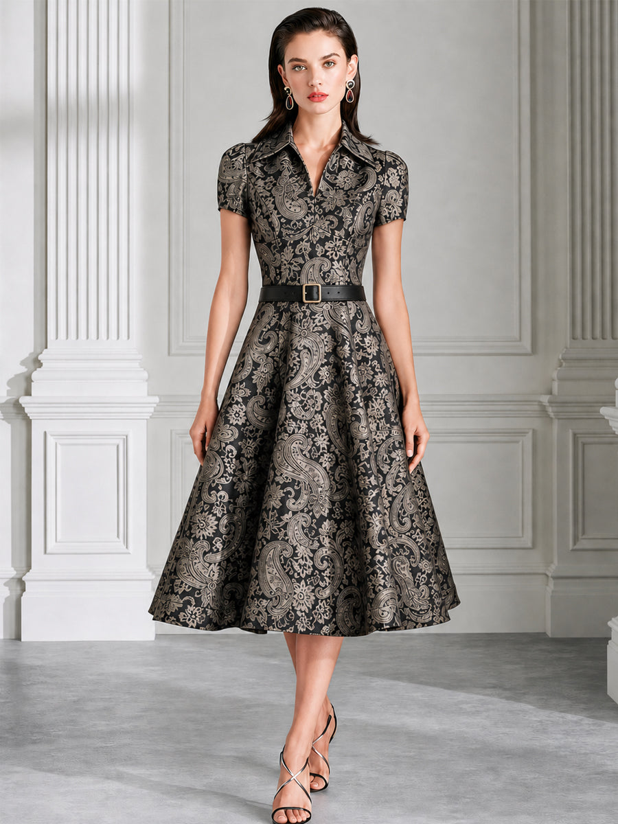 Collared Short Sleeve Paisley Jacquard Midi Dress