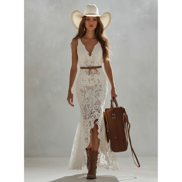 Women's Retro Bohemian White Lace Sleeveless Maxi Dress