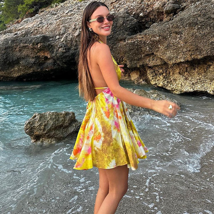 Halter Yellow Printed Mini Dress