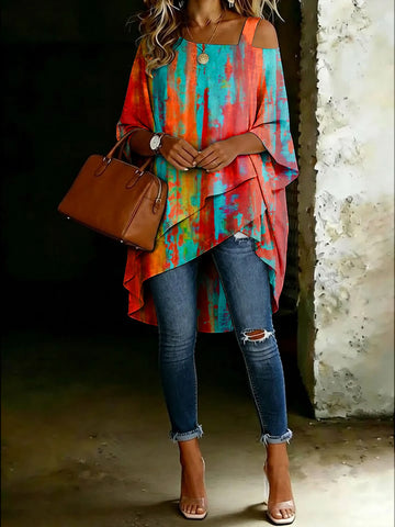 Women's Multicolor Abstrct Cold Shoulder Asymmetrical Hem Blouse