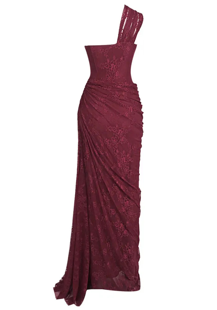 One Shoulder Draped Lace Maxi Dress Burgundy