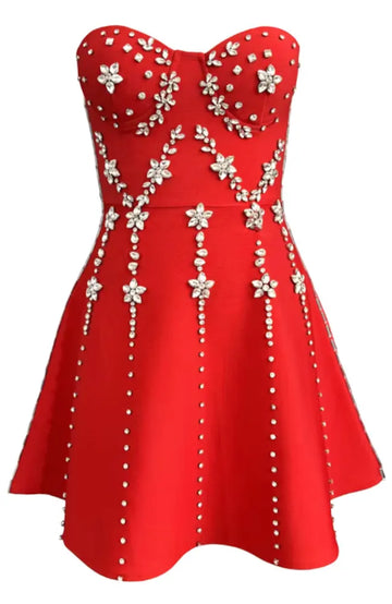 Strapless Crystal Bustier A Line Dress Red