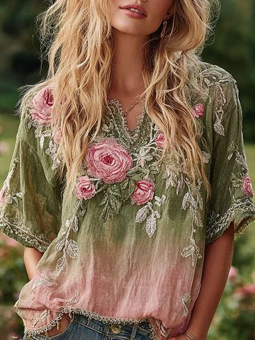 Women's Rose Floral Cotton V-neck T-shirt
