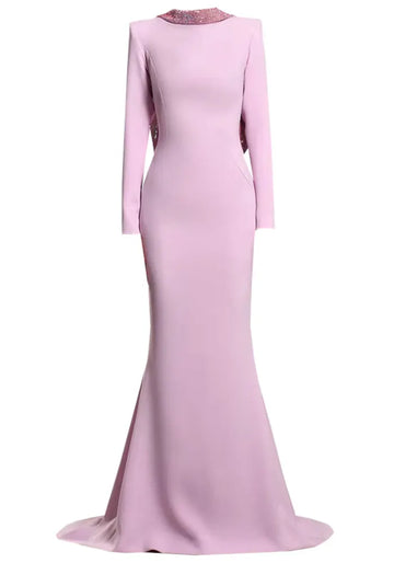 Long Sleeve Backless Crystal Flower Maxi Dress Lavender