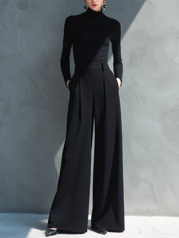 Women's Black Classic Knit Turtleneck Wide - Leg Jumpsuit MDA2133J5I