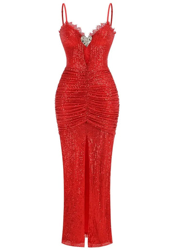 Lace Ruched Sequin Maxi Dress Red