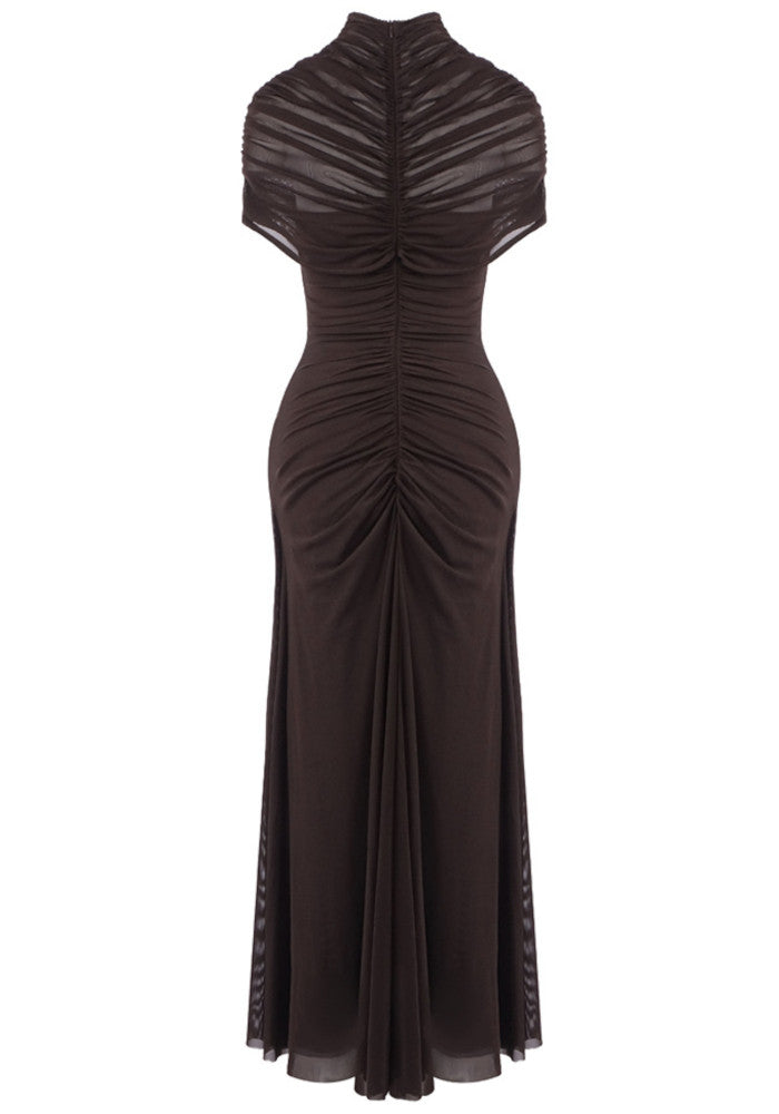 Draped Mesh A Line Maxi Dress Brown