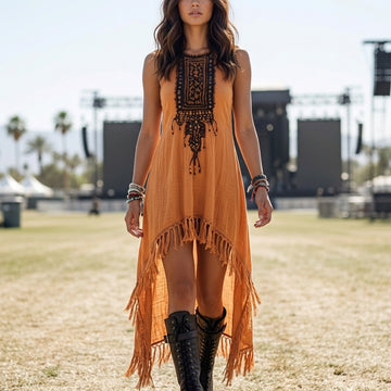 Music Festival Rock Party Heat Wave Carnival Vintage Wilderness Ethnic Style Linen Tassel Lace Suspender Dress