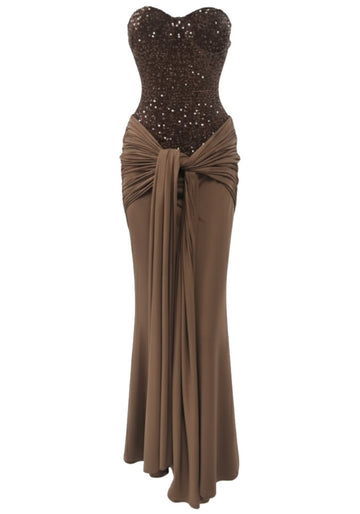 Strapless Sequin Bustier Draped Maxi Dress Brown