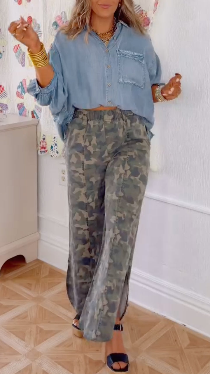 Denim Cropped Shirt & Camo Wide Leg Pants Set
