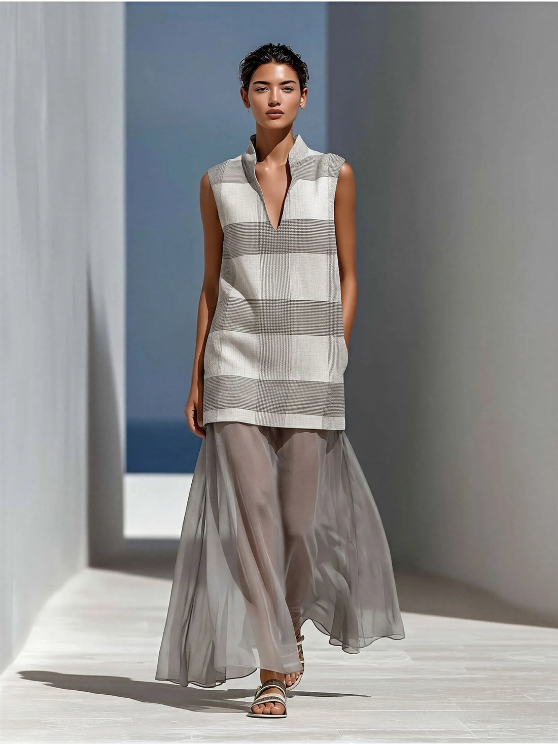 Women’s Grey Plaid Sleeveless Tunic Top & Sheer Chiffon Maxi Skirt Two-Piece Set MDZ2824D9T