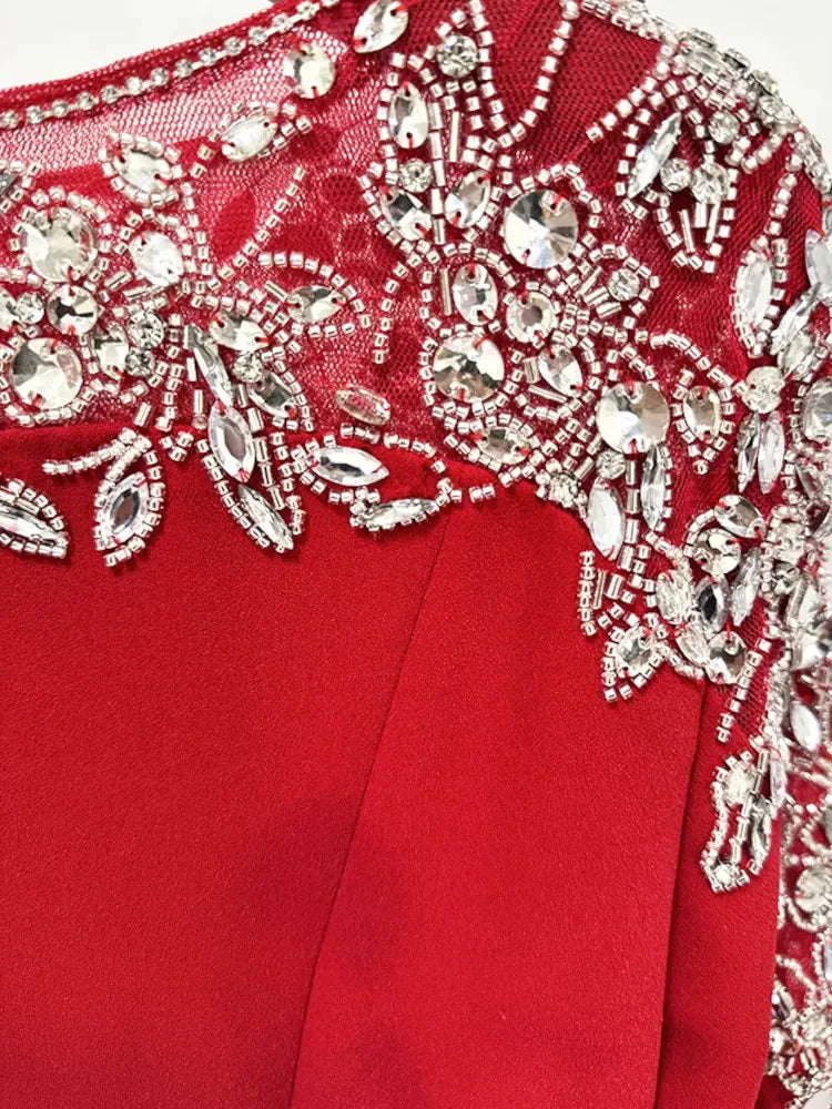 Long Sleeve Crystal Shoulders Maxi Dress Red