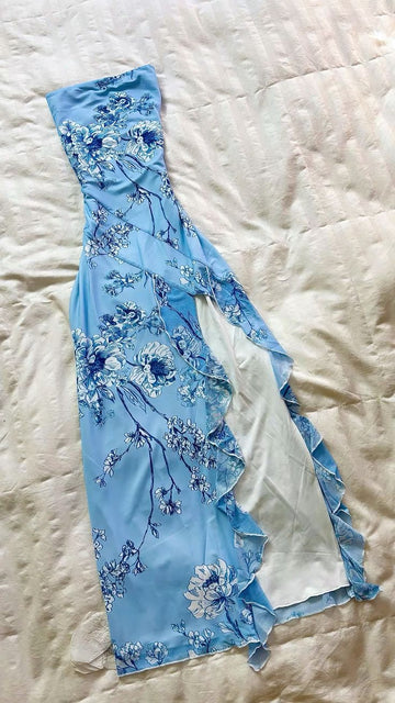 Lit Blue Blue-and-white Porcelain Bandeau Slit Gown: Ink Pattern, Fitted Cut, Evening Retro Dress