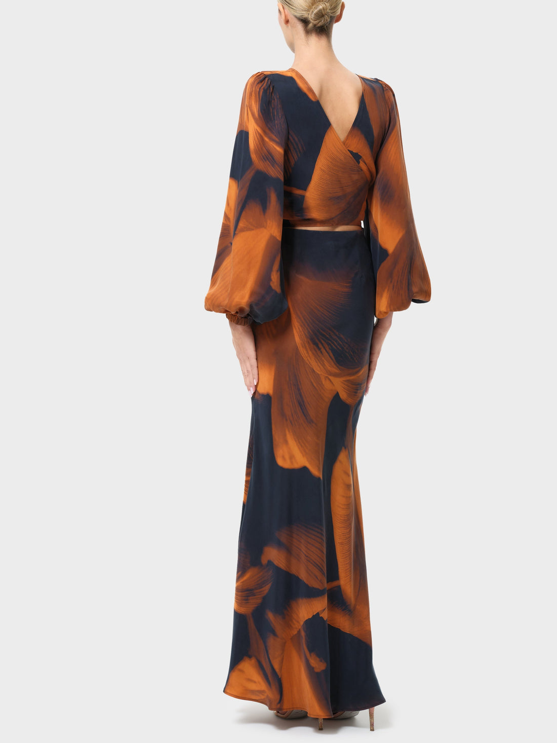 Navy and brown abstract-print reversible top and skirt set