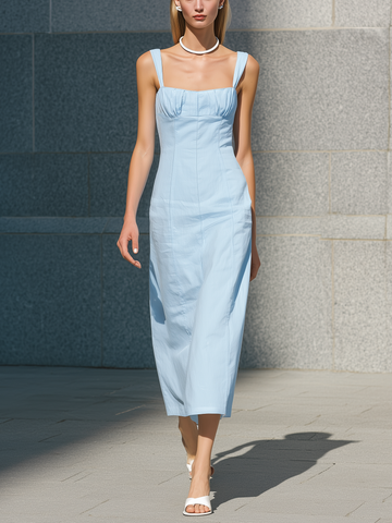 Women's Casual Light Blue Woven Sleeveless Maxi Dress With Spaghetti Straps MDZ2798D7LXY