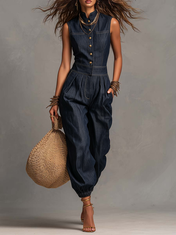 Retro Tencel Denim Sleeveless Jumpsuit