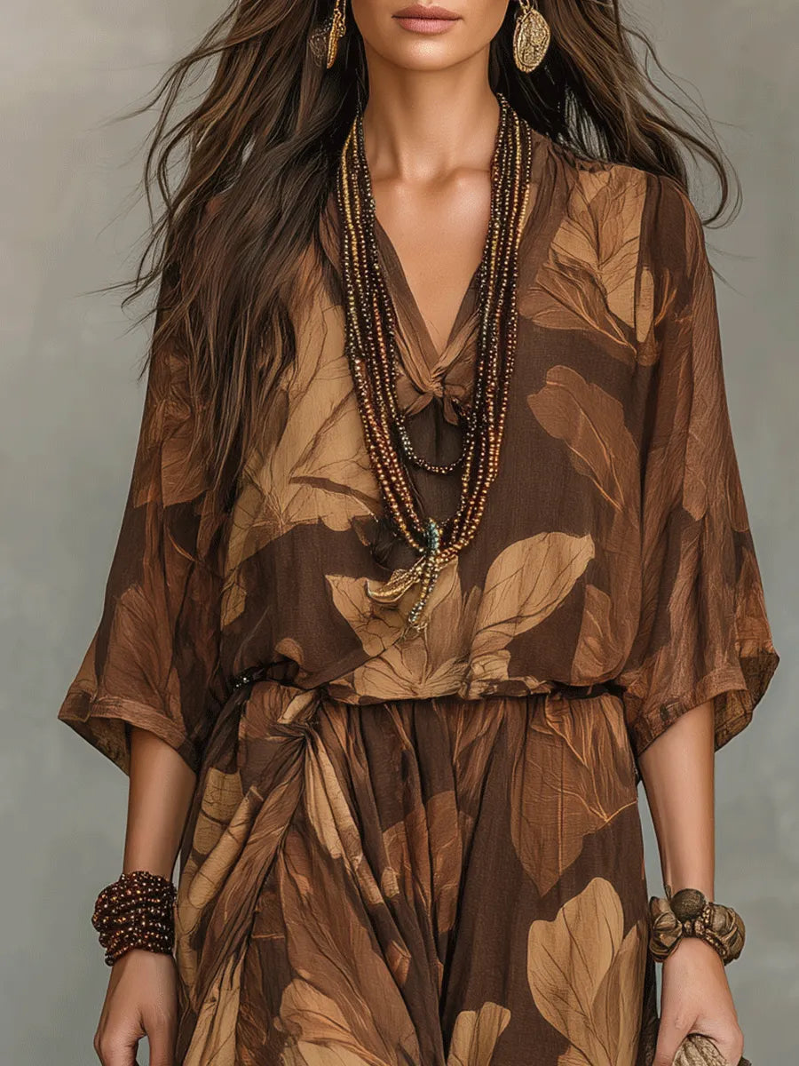 Earthy Leaf Print Relaxed Bohemian Maxi Set