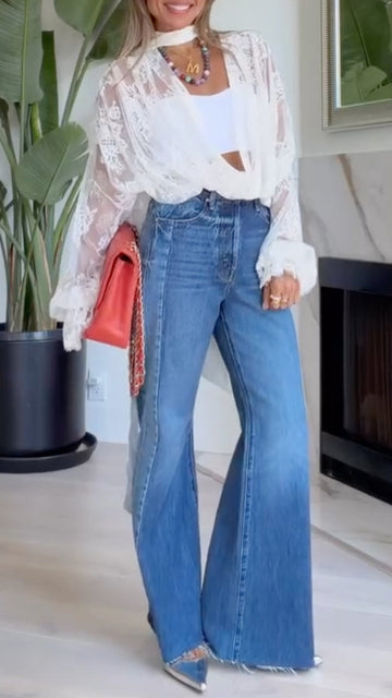 Women's V-Neck Lace Top & Jeans Set