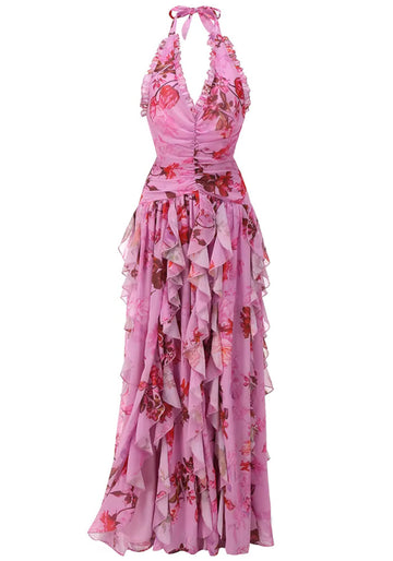 Halter Floral Ruffle Maxi Dress Pink