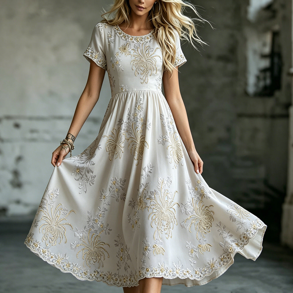 Women's Retro Gold Chrysanthemum Art Pattern Casual Dress