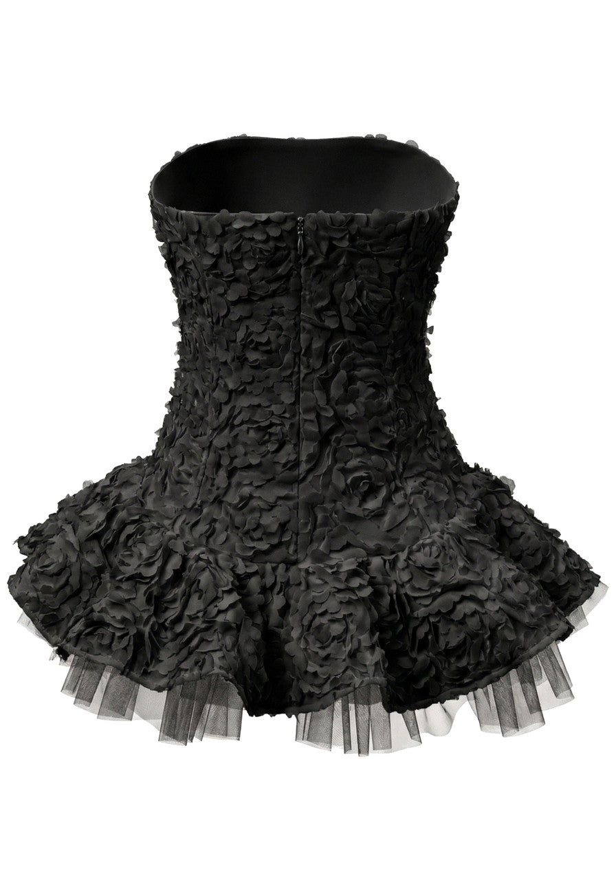 Strapless Floral Mesh A Line Dress Black