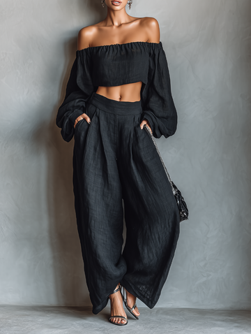 Women's Minimalist Linen Blend Strapless Long-sleeved Blouse And Wide-leg Pants Set MDA1900L7Y