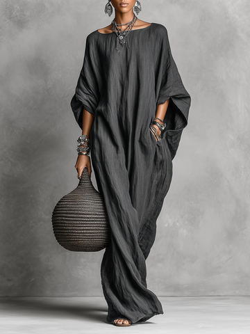 Women's Loose Cotton And Linen Batwing Sleeve Maxi Dress MDA1328K8Y